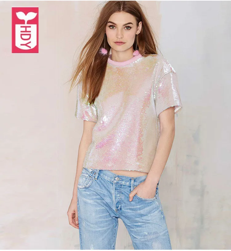 

Super beautiful 2018 female shiny Pink sequins short T-shirts ladys short sleeves shirt OL Streewear Womens tops tees