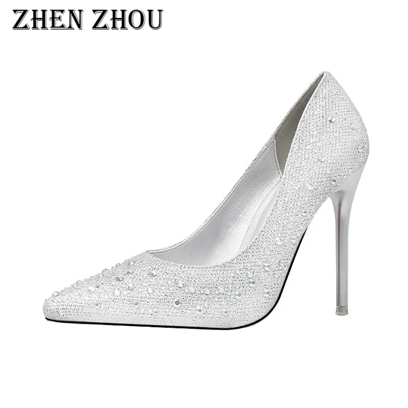 

heels 2018 chaussure mariage thin heel shoes shallow pointed toe Color water drill single shoes dress shoes wedding shoes