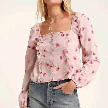 

2019 Chiffon Blouse Women Print Streetwear Square Collar Designer Lantern Sleeves Ladies Sweet Chic Shirts Ruffle Vacation Tops