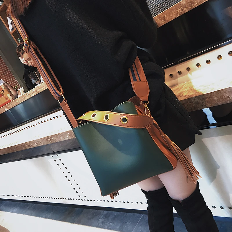 Janespri Women Tassel Handbag Tote High Quality Women Shoulder Bag Luxury Brand Soft Leather Bucket Bag Fashion Women's Handbag (39)