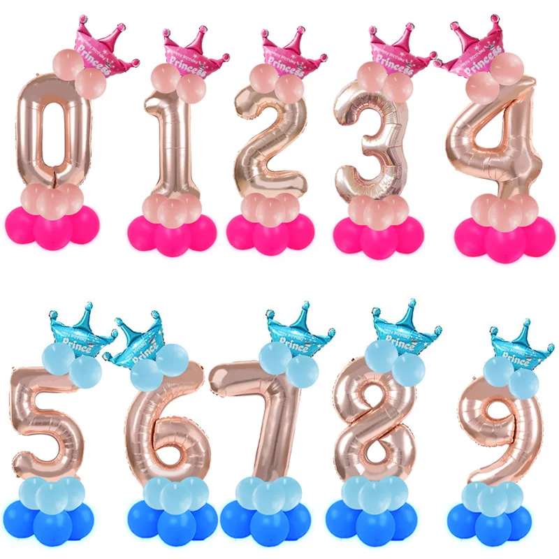 

14pcs 30inch Rose Gold Number Balloons Birthday Party Decorations Kids Adult Globos Princess Prince 1st Birthday Crown Ballons