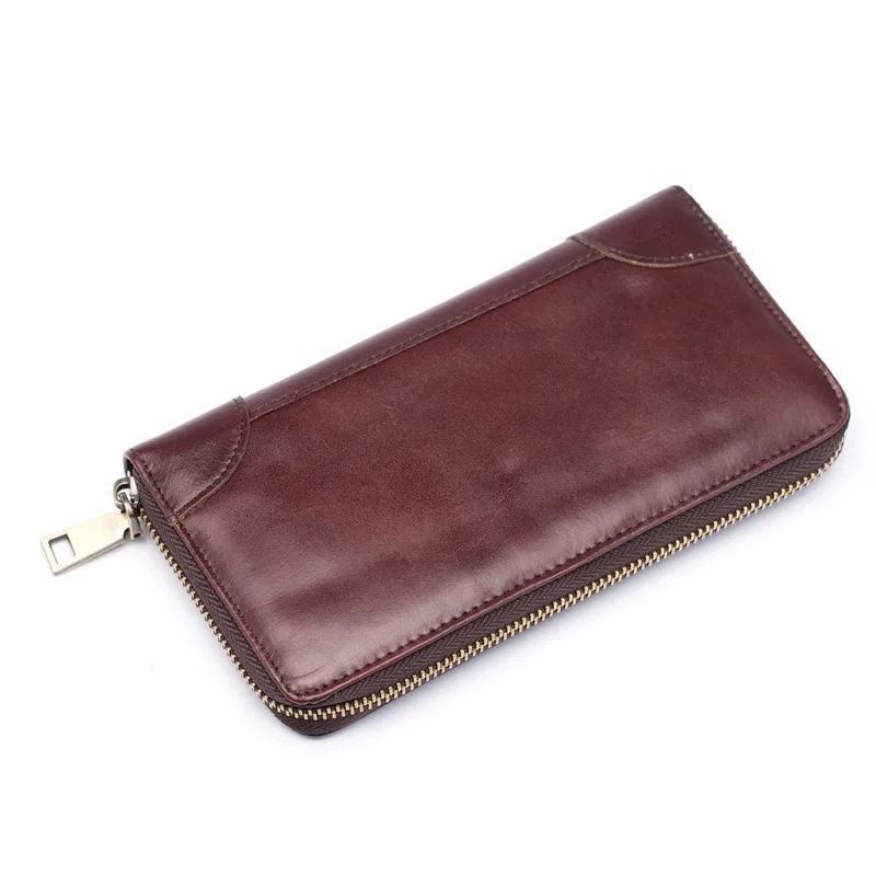 

New Soft Surface Genuine Leather Long Men's Wallet Calfskin Business Casual Zipper Pure Color Large Capacity Suture clutch purse