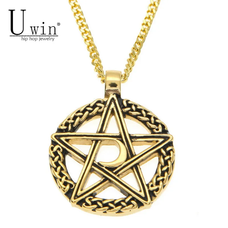 

UWIN Vintage Men Five-pointed Star Moon Pendant Gold Color Men Hip Hop Necklace Cuban Chain Fashion Punk Jewelry