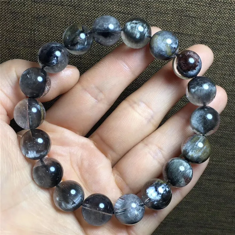 

Natural Brookite Platinum Silver Rutilated Quartz Crystal Bracelet 11.1mm Round Bead Woman Man Lucky Gift Clear Gemstone Jewelry