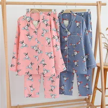 Пижамный комплект с длинными рукавами и принтом кролика, лето-осень, женская пижама, набор, Kawaii, одежда для сна, дышащая, мягкая, хлопковая, марлевая одежда для сна