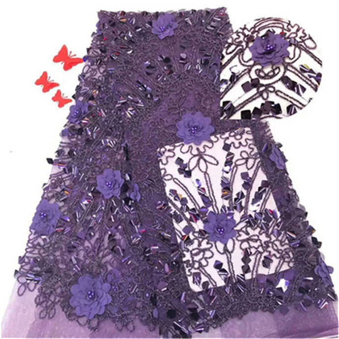 Черные фиолетовые французские бисерные кружевные ткани розовые 3d цветы Блестки Ткань Роскошные Блестки бусины Свадебная Кружевная Ткань 5 ярдов
