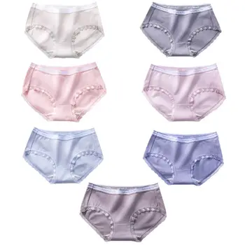 

Women Girls Seamless Lace Trim Briefs Cotton Antibacterial Underwear Breathable Mid Rise Sweet Candy Color Underpants Thong