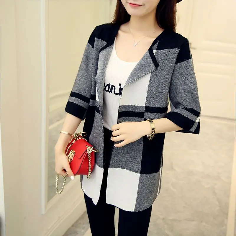 

2019 Summer New Type of Knitted Cardigan, Medium-and-long Check Fashionable Women's Thin Women's Coat