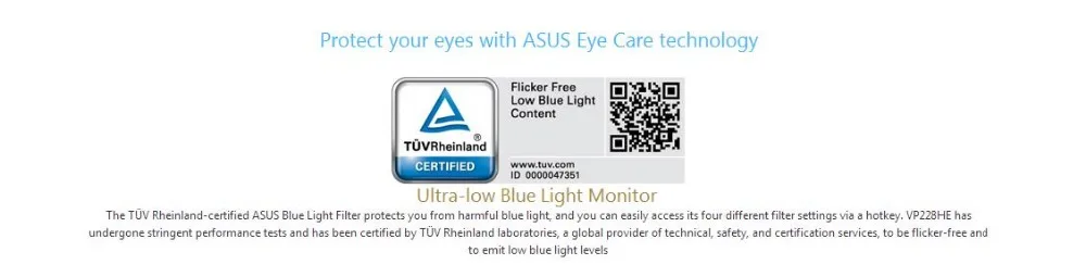 Игровой Монитор ASUS VP228HE-21," FHD(1920x1080), 1 мс, низкий синий светильник, без мерцания