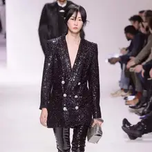 2019 European American Star Blast Outer Skirt Double Row Lion Buckle Bright Silk Shiny Beads Medium Long Suit Black Jackets Coat 2019 European American Star Blast Outer Skirt Double Row Lion Buckle Bright Silk Shiny Beads Medium Long Suit Black Jackets Coat