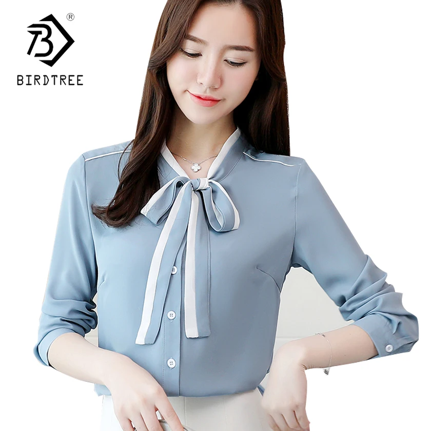 

2018 Summer Fashion Solid Female Blouse Chiffon Basic Long Sleeve Woman Blouse Office Lady Sweet Bow O-Collar Hots Sales T85202L