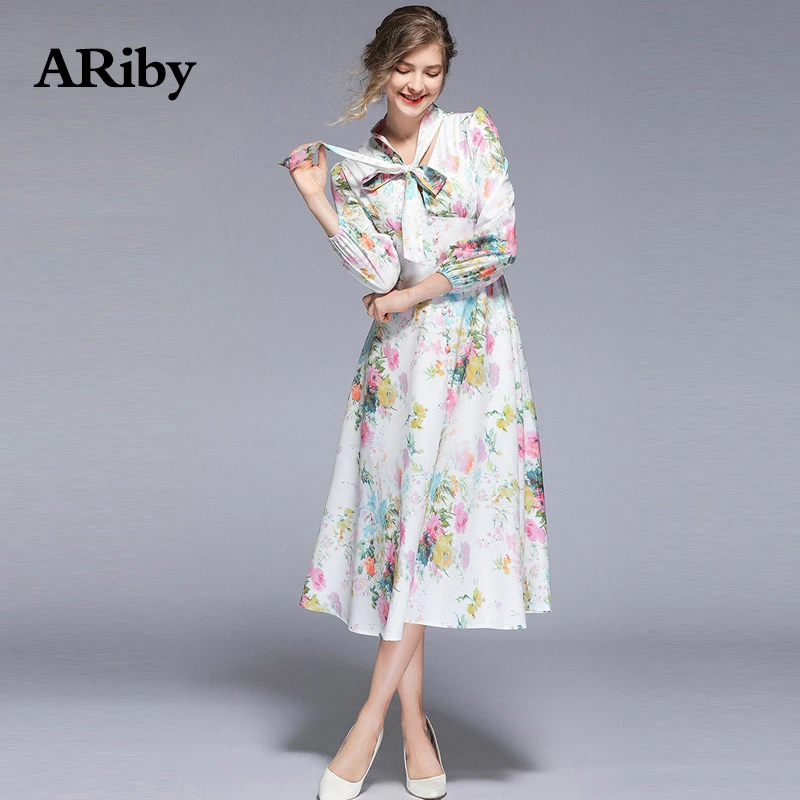 Dress Women Maxi Long White Dress 2019 Spring Summer New Lady Beach Style V Collar Empire A-Line Printed Thin Bow Mid-Calf Dress