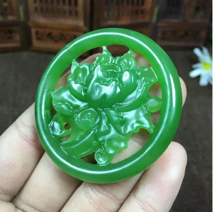 Natural Green Hetian Jades ollow peony pendant, jade flower,rich and
