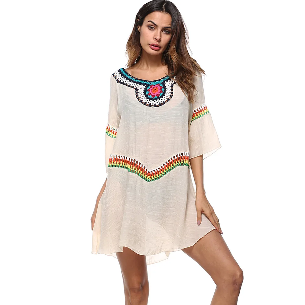 

Women Boho Knit Swimwear Beachwear Bikini Cover Up Loose Blouses Beach Cover-Up Sunscreen Swimsuit Cover Up beachwear A1