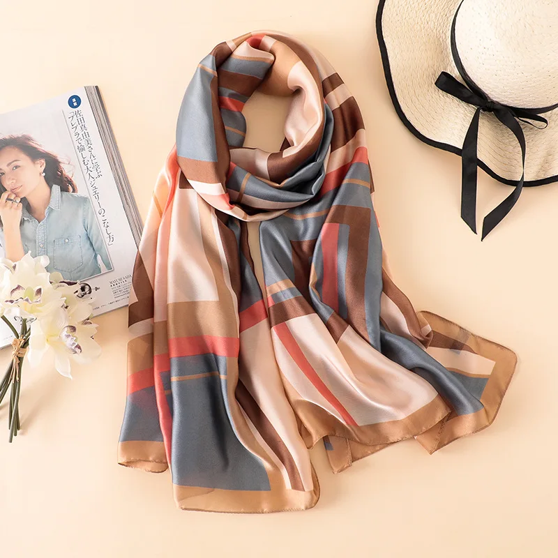 Модный великолепный шелковый шарф, роскошные женские брендовые клетчатые шарфы для женщин, качественная шаль с принтом хиджаб 180*90 см