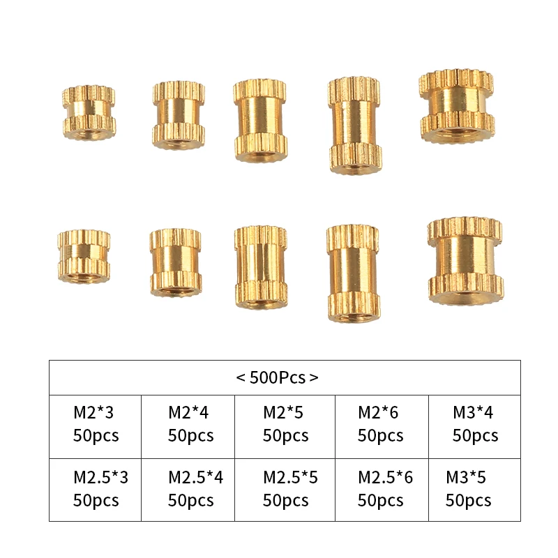 

500Pcs M2*L-3.5 M2.5*L-3.5 M3*L-4.2(OD) Injection Nut Copper Insert Knurled Nuts Knurling Kit For Electrical