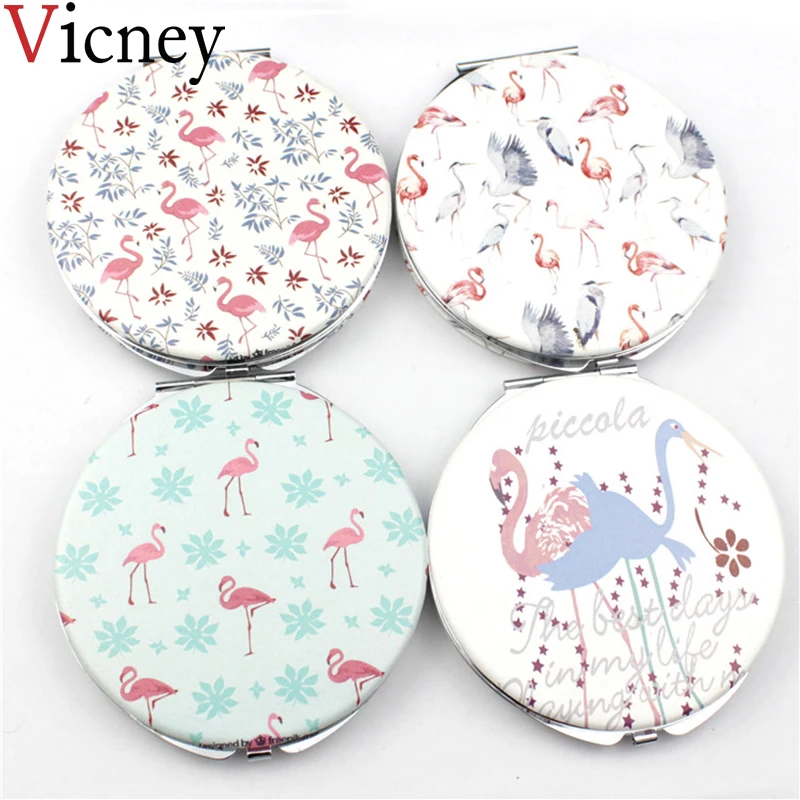 

Vicney Make Up Round Flamingo Mirror Girls Mini Cute Mirror Double Side Folding Mirror Portable Pu Leather Mirror high quality