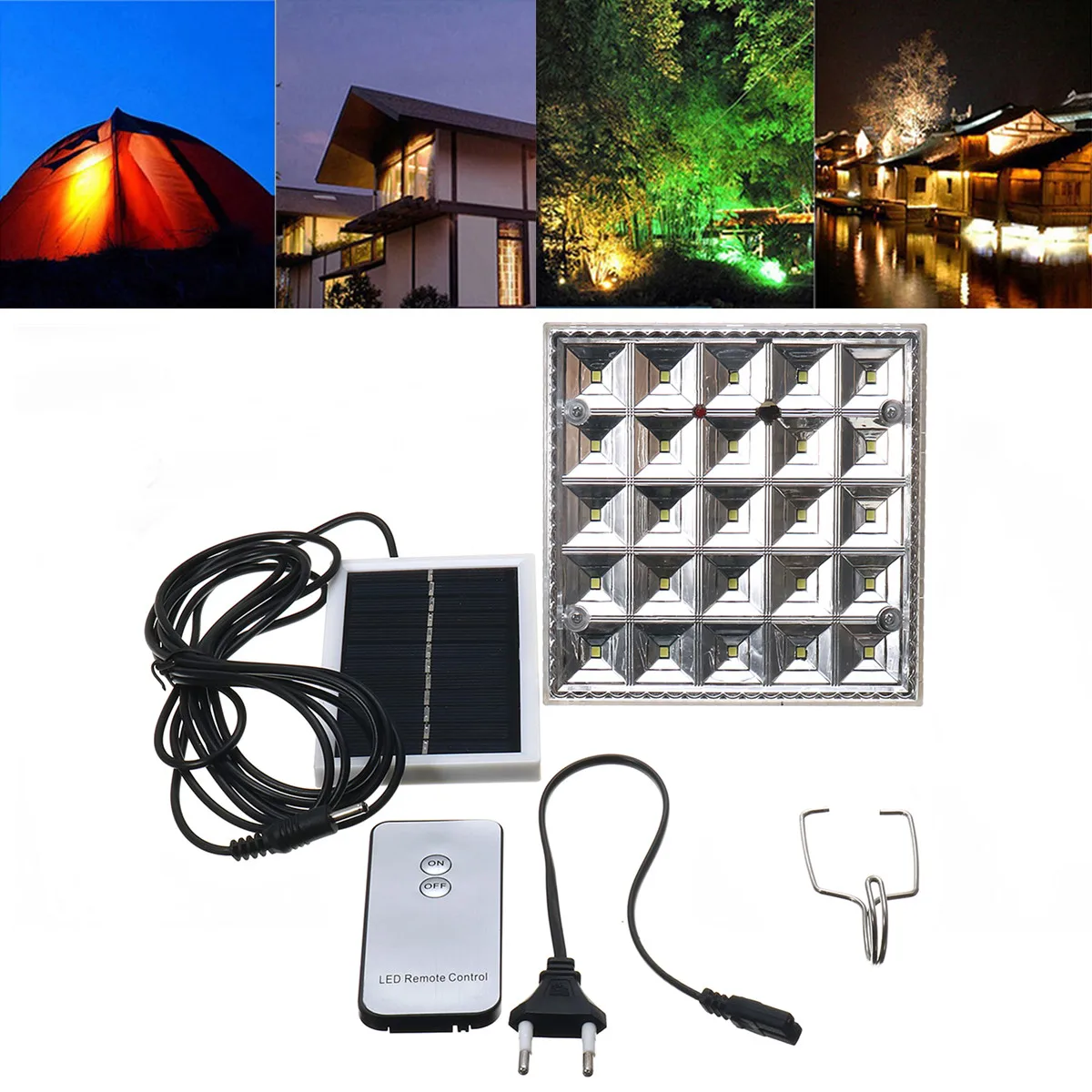 

25 LED Solar Powered Camping Light Outdoor Remote Control Solar Night Lamp Tent Lantern Lights + USB Charger Port for Phone