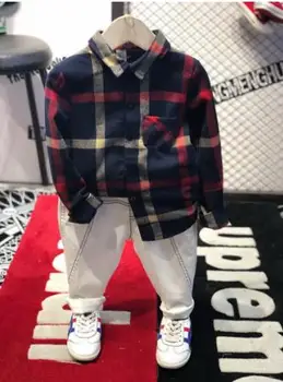 

spring and autumn Kids Clothes Set Baby Boy Set Long Sleeve Plaid shirt+white jeans Baby Suit Boy Clothing Sets Infant 2-6years