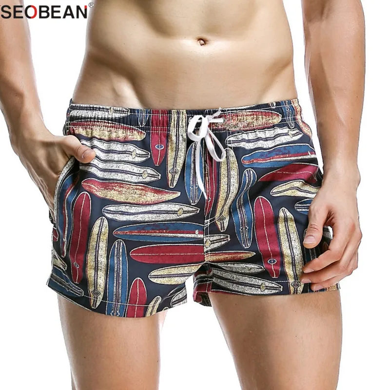 SEOBEAN Summer Style Seaside Men Beach Shorts Men Quick Dry Polyester Fabrics Beachwear Men's Board Shorts Trunks Print Shorts 3