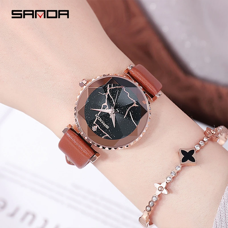 

SANDA 2018 Leather Women Watches Ladies Luxury Brand Crystal Wrist Watch Dress Female Clock Relogio Feminino Montre Femme