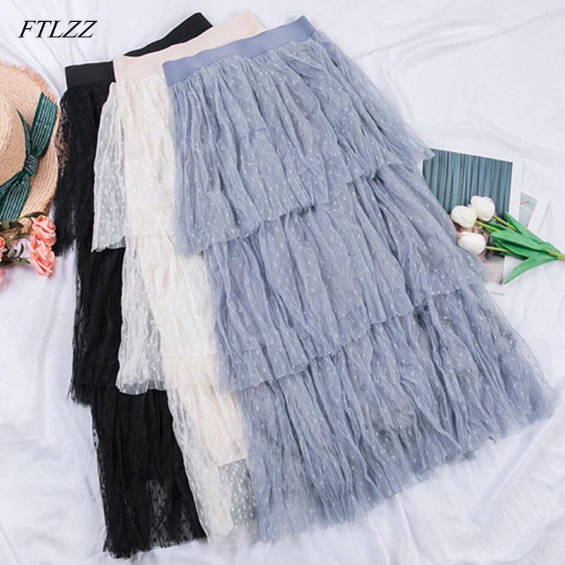 

FTLZZ 2019 High Waist Mesh Skirts New Spring Irregular A Word Skirt Gray Slim Pleated Medium long Skirts