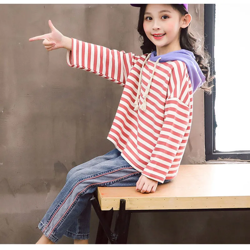 

Teenage Girls Clothes Children Clothing Set Kids 2 pcs Cotton Hooded Patchwork Hoodies & Jeans Girls Sport Suits 8 10 12 Years