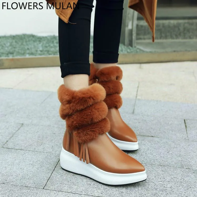 Seite Schnalle Braun Stiefel Winter Damen orange Gummi Frauen Schwarz Zapatos Schwarzes Luxus Leder Quaste Mujer Spitz Mittlere Ferse Booties Pelz 5EwqwY6