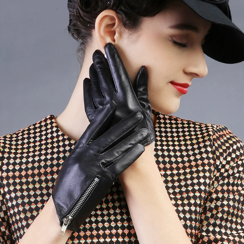 Stylish And Elegant Women'S Leather Gloves Pure Sheepskin Short Black
