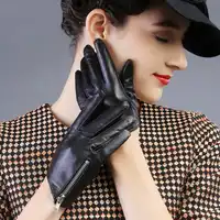 Stylish And Elegant Women'S Leather Gloves Pure Sheepskin Short Black With Zipper Gloves Lined With Silk TB48