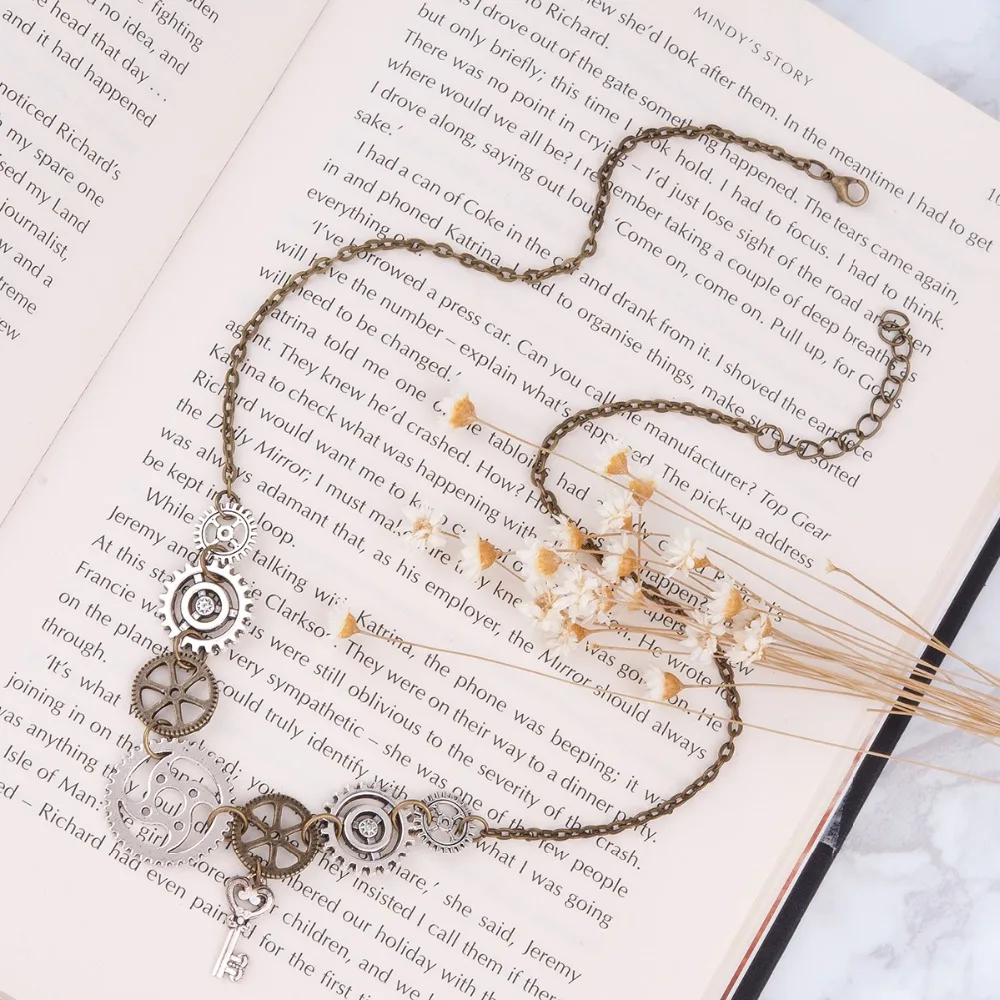 DoreenBeads New Fashion Steampunk Statement Necklace Link Cable Chain Antique Bronze Gear Key Pendants 45.5cm long, 1 Piece