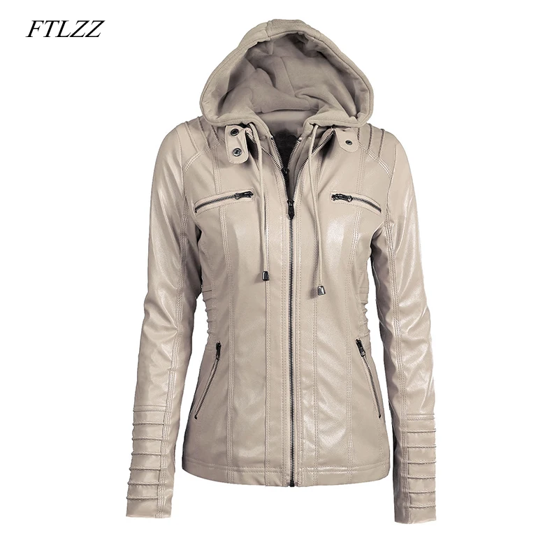 

FTLZZ Plus Size 7XL Women Hooded Faux Leather Jacket Pu Motorcycle Hat Detachable Casual Leather Punk Outerwear