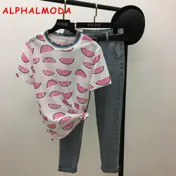 ALPHALMODA 2018 Лето Для женщин с принтом арбуза Мода футболки Ripped Collar с короткими рукавами стильные тропических фруктов футболки