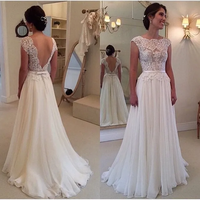

Backless Vestido De Noiva 2019 Wedding Dresses A-line Cap Sleeves Chiffon Lace Beach Boho Dubai Arabic Wedding Gown Bridal