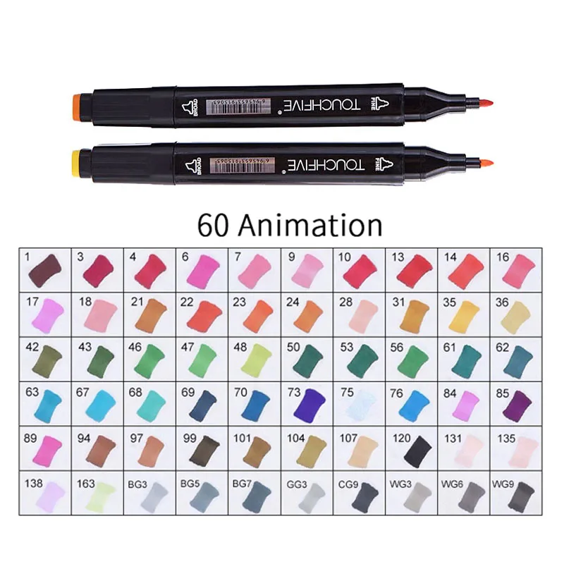 TOUCHFIVE 24/30/36/40/48/60/80 цветов графический маркер комплект маркеры для набросков и рисунков с двухголовой арт ручки с красками принадлежности для рисования - Цвет: black-60animation