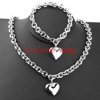 

New Arrival Women's Silver Stainless Steel Jewelry Fashion Heart Necklace Bracelet Set (19.5inch+8inch)