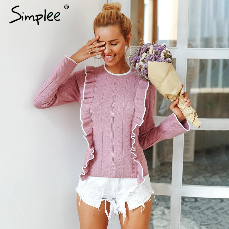 

Simplee Side ruffles sweater women winter 2018 sweet Flare sleeve slim autumn sweater pullover O neck casual short female jumper