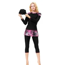 Красивая Мода молодых Для женщин мусульманских ванный комплект с Кепки сплошной купальник с узором пляжная Для женщин водных видов спорта Мягкий купальник V10