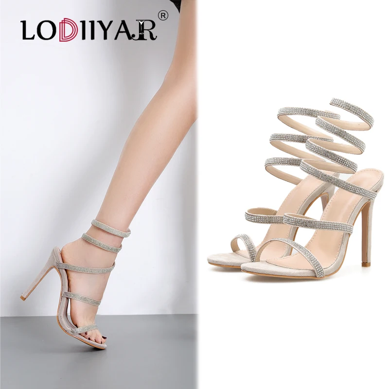 

Women Sandals Diamond Open Toe Snake Strappy Coil Sprial Ankle Wrap High Heels Sexy Pumps Ladies Dress Wedding Shoes 11.5CM