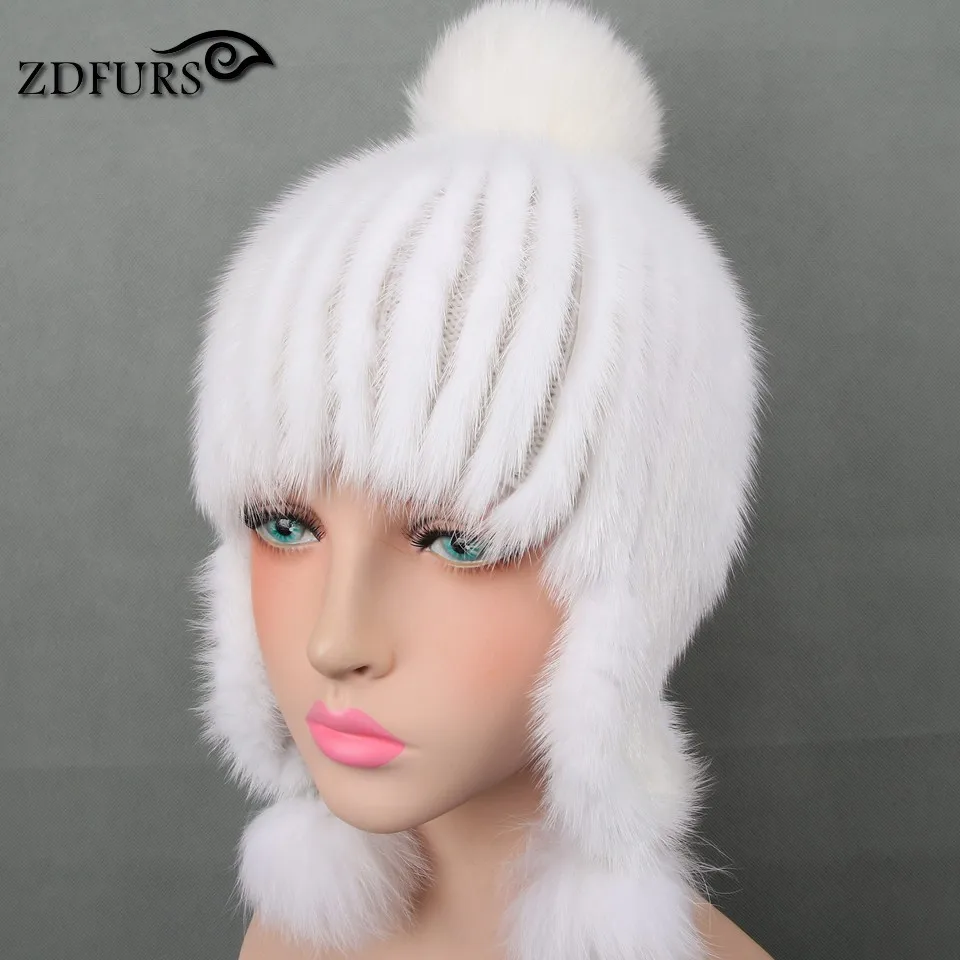 

Glaforny 2017 New Genuine Mink Fur Hats Women Winter Fur Bomber Hats with Three Fox Fur Balls Warm Ear Protector Fur Caps