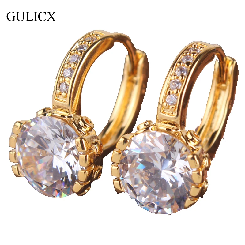 GULICX Fashion Earrings cz Brand Yellow Gold-color Earing White Crystal Cubic Zirconia Hoop Wedding Jewelry E026 | Украшения и
