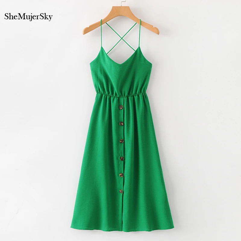 

SheMujerSky Women Green Midi Summer Dress 2018 Spaghetti Strap Bodycon Backless Bandage Dresses vestidos largos de verano Casual