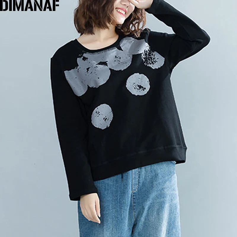 

DIMANAF Women Sweatshirts Plus Size Female Clothes Ladies Basic Tops Print Black Pullover Autumn Winter Cotton Loose Shirt 2018