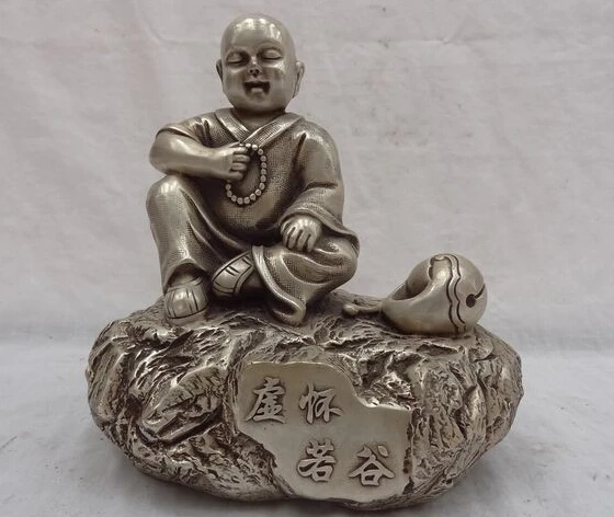 

JP S0606 8" Chinese Silver Buddhist Young Bonze Prayer Monk Buddha Temple Blocks Statue