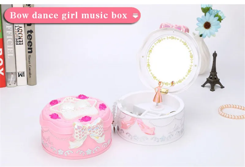 Музыкальная шкатулка с бантом для танцующей девушки, шкатулка для драгоценностей для девочек с зеркалом, карусель для девочек, ручка, люминесцентная музыкальная шкатулка, механизм, подарки