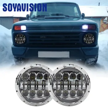 

Chrome 7 Inch LED Headlights Motor Lamp With Angle Eyes 7" Round Headlamp For Lada 4x4 Urban Niva Land Rover 90/110 Defender