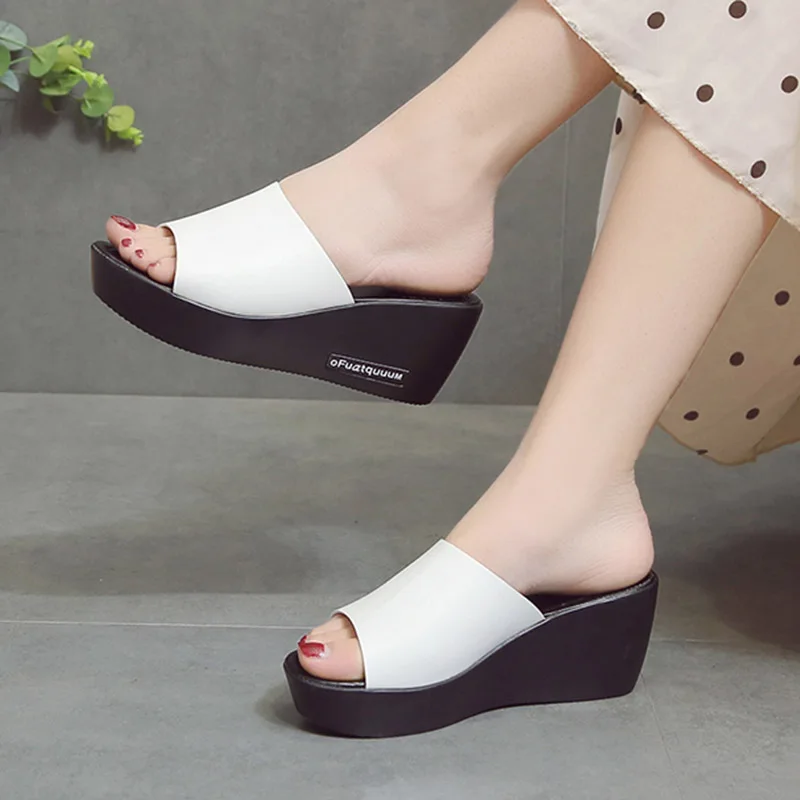 

2019 Summer Platform Slipper Wedges Slides Peep Toe High Heels Shoes Woman Slipper Black Slide Flip Flops chaussures femme 7535