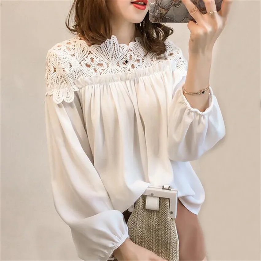 Goede Vrouwen Chiffon Blouse Tops Lente Herfst Losse Wit Kant Blouses vrouwelijke Lange Mouw Uitgehold Shirts OL Plus Size AB724