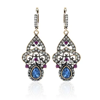 Royal Turkish Women Hollow Flower Resin Arabesque Long Hook Earring Antique Gold Color Blue Crytal Jewelry India Bridal Bijoux