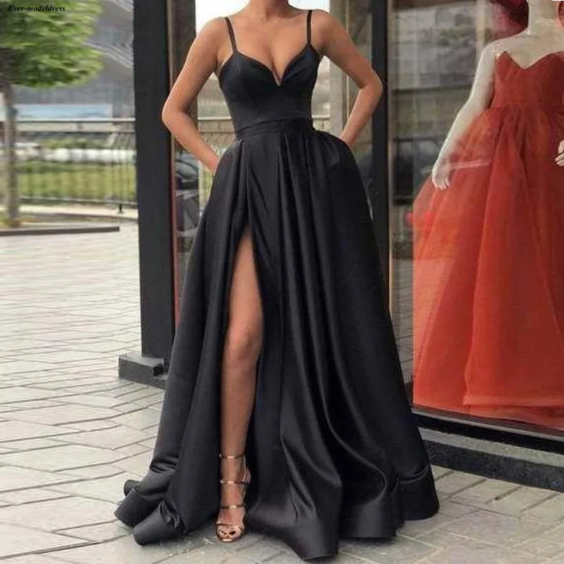 Vestidos De Gala королевские синие платья для выпускного вечера с высоким разрезом на тонких бретелях Простые Вечерние платья для выпускного вечера с карманами дешевые халаты